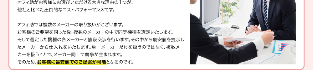 オフィ助がお客様にお選びいただける大きな理由の１つが、他社と比べた圧倒的なコストパフォーマンスです。オフィ助では複数のメーカーの取り扱いがございます。お客様のご要望を伺った後、複数のメーカーの中で同等機種を選定いたします。そして選定した機種の各メーカーと値段交渉を行います。その中から最安値を提示したメーカーから仕入れをいたします。単一メーカーだけを扱うのではなく、複数メーカーを扱うことで、メーカー同士で競争が生まれます。そのため、お客様に最安値でのご提案が可能となるのです。